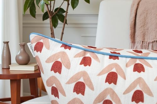 VAGMINE Scandi Folk Tulip 20x20 Inch Throw Pillow Cover - Red Blush Block Print Pattern on Textured Polyester - Cushion Case for Couch Sofa - Vamika Motif - color: Vamika Motif, size: 20" x 20" (Pack of 1)