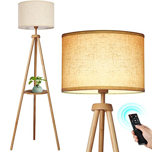 OUTON Wood Tripod Floor Lamp with Shelves, Mid Century Floor Lamp with Remote Control,4 Color Temperature, LED Modern Dimmable Standing Lamp with Beige Linen Shade for Living Room, Bedroom, Office - color: Wood