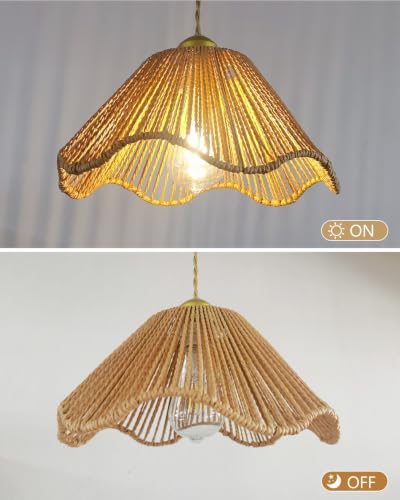 Mini Rattan Pendant Lights, 11.8″ Kitchen Island Pendant Lights with Flower Shade, Boho Handwoven Rope Woven Chandelier for Living Room Dining Room Bedroom Wicker Adjustable Height Hanging Lamp - color: 11.81″-Flower-shape