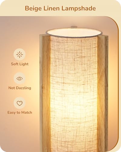 EDISHINE Small Wood Table Lamp, 13.5" Modern Bedside Lamp, Beige Linen Shade, Natural Wood Cylinder Nightstand Lamp for Bedroom Living Room, On-Off Line Switch, E26 Base (Bulb Not Included) - color: Natural Wood Color