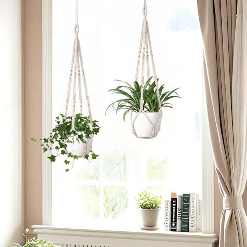 LEWESU Macrame Plant Hanger Indoor Set of 2 with 4 Hooks, Indoor Outdoor Hanging Planter for Plants Holder with Decorative Wood Beads & No Tassels, Boho Home Decor, 35 Inch Ivory (Pots Not Included) - color: Ivory, size: 35" Set of 2