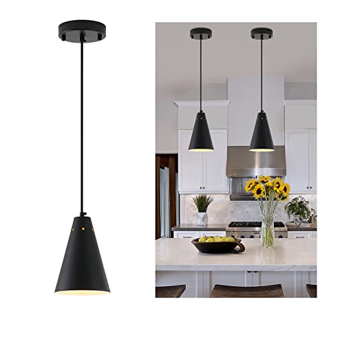 Black Pendant Light for Kitchen light fixtures,Small Modern Industrial Chandeliers with Cone Metal Shade,Mini Adjustable Cord Hanging Lighting Fixtures for Over island,Bar,Dining Room.(1 Pack) - color: 1Pack Black