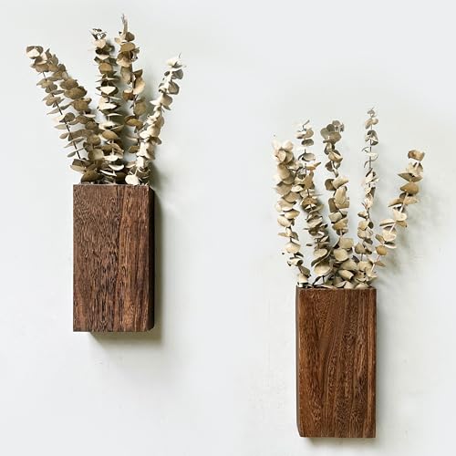 LaLaGreen Wood Wall Planters (8 Inch, 2 Pack) 12 Stalks of Eucalyptus Dried Leaves, Wooden Box Vase for Indoor Hanging Planter Flower Rustic Decor Home Living Room Bathroom Modern Farmhouse Decoration - color: Eucalyptus