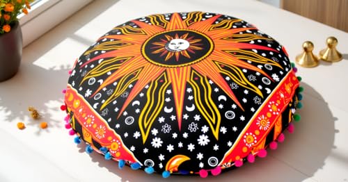 Round Mandala Floor Pillow Cover Seating Cushion Throw Cover Hippie Decorative Bohemian Ottoman Pouf Cover, Pom Pom Pillow Cases,Boho Indian 22 Inches Orange Burning Sun - color: Orange/Black, size: 22" x 22" (Pack of 1)