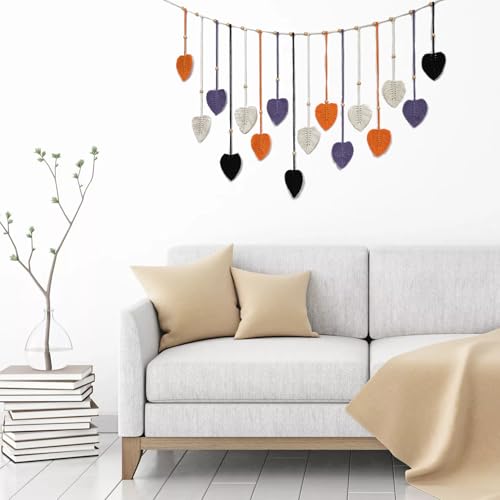 LB Fall Large Macrame Wall Hanging, Black Chic Feather with Wood Beads Boho Woven Tapestry Wall Hanging Macrame Wall Decor Handmade Purple Leaf Wall Art for Living Room Bedroom Nursery,47x30 Inch - color: Purple Orange