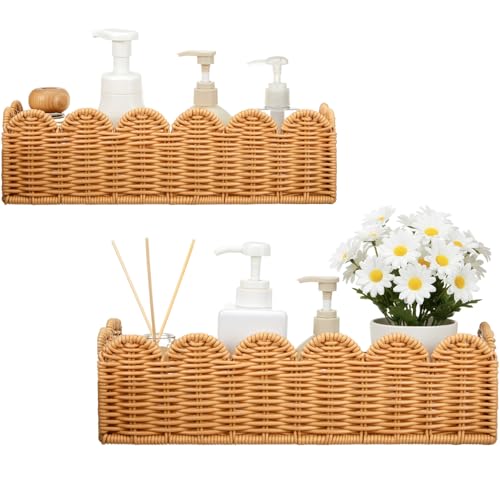 Ripeng 2 Pcs Scalloped Hanging Shower Caddy, Wicker Wall Bathroom Shelves, Waterproof Shower Shelves for Cosmetics, Toiletries Organization and Storage, Rattan Wall Rack for Bathroom Decor