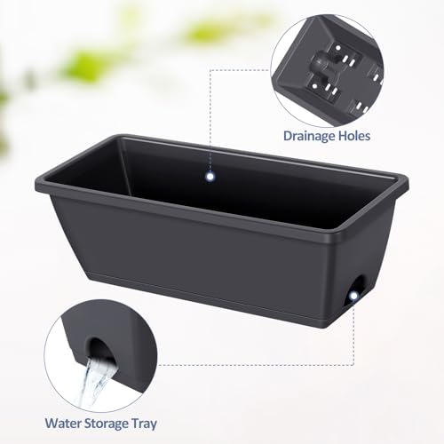 CADUKE 4 Pack Railing Planter Box Grey Window Flower Boxes with Brackets Hanging Fence Planters Plastic Outdoor Deck Railing Planter Boxes for Balcony Patio Garden - color: Gray