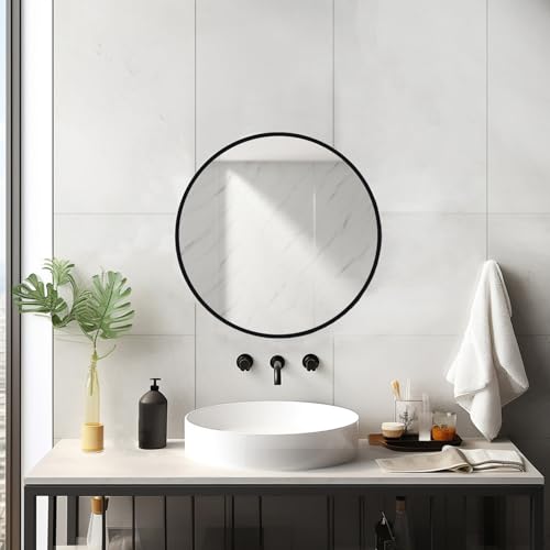 Sunniry 18 inch Round Mirror, Round Wall Mirror, Metal Frame Black Circle Mirror, Black Round Mirrors for Wall, Bathroom, Bedroom, Vanity, Hallway. - color: Black, size: 18"L x 18"W