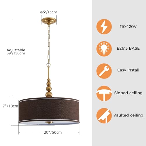 Shrine Lighting Drum Chandeliers, Farmhouse Style, Perfect Drum Pendant Light for Dining Room, D20'' x H7'', Adjustable Chains 59'', E26*3 Sockets, Brown Linen Fabric Lampshade & Gold Rod - color: Brown&Gold D20''