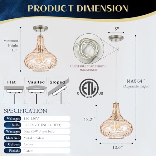 11" Amber Hammered Glass Pendant Light – Brushed Nickel Finish, Adjustable Hanging Cord, Modern Farmhouse Ceiling Light for Kitchen Island, Dining Room, Hallway - color: Amber