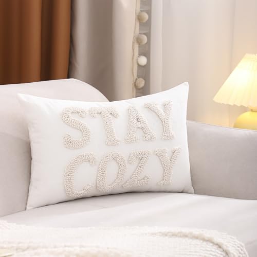 LUOYEHK Embroidered Stay Cozy Pillow Covers 12x20 Inch Decorative Throw Pillow Covers White Lumbar Pillow Cases Natural Farmhouse Cushion Covers for Couch Bed Living Room Home Spring Decor (1 Piece) - color: Stay Cozy, size: 20" x 12" (Pack of 1)