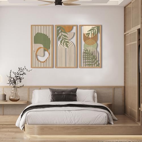 IARTTOP Large Boho Mid-century Modern Wood Wall Art 16x32 Inch Framed Green Abstract Leaf Wooden Wall Decor Bohemian Minimalist Geometric Wall Art Decor for Bedroom Living Room Office Set of 3 - color: Green Framed Boho, size: 16 x 32 inches