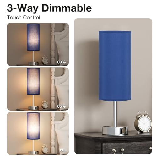 Dicoool Navy Blue Touch Lamp for Boys - Small Nightstand Lamp with USB-C and USB Charging Ports, 3 Way Dimmable Bedside Table Lamp with Fabric Shade Silver Base for Nursery, Dorm, Office, Reading - color: Blue-Silver Metal, size: 14in