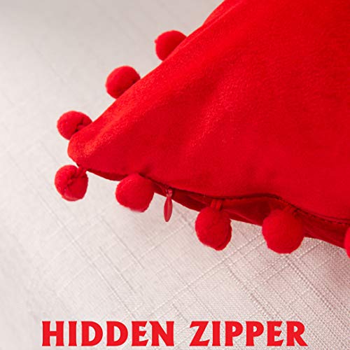 Elegant Comfort POM-POMS Fringe Velvet Cushion Covers Set of 2, Velvet Soft Solid Decorative Square Throw Pillow Covers Set Cushion Case for Couch Bed, Livingroom 18 x 18 Inch (45 x 45 cm), Red - color: Red, size: 18" x 18" (Pack of 2)