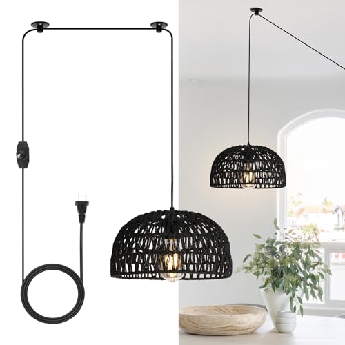 HuisMier Rattan Hanging Lamp Plug in Pendant Light, 15 Ft Hanging lamp with Wicker Woven Basket Lampshade, Dimmable Boho Hanging Lamp for Dining Room Living Room Bedroom, Black - color: Rattan Black