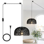 HuisMier Rattan Hanging Lamp Plug in Pendant Light, 15 Ft Hanging lamp with Wicker Woven Basket Lampshade, Dimmable Boho Hanging Lamp for Dining Room Living Room Bedroom, Black - color: Rattan Black