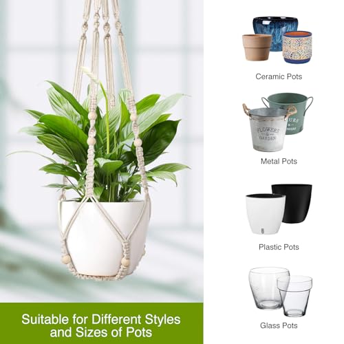 LEWESU Macrame Plant Hanger Indoor Set of 4 with 8 Hooks, Indoor Outdoor Hanging Planter for Plants Holder with Decorative Wood Beads & No Tassels, Boho Home Decor, 35 Inch Ivory (Pots Not Included) - color: Ivory, size: 35" Set of 4