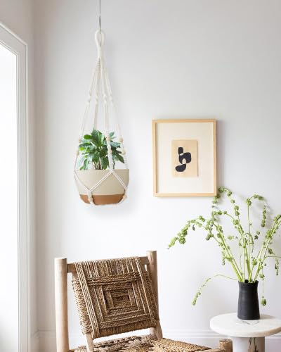 35 Inch Macrame Plant Hanger Indoor with Wood Beads and No Tassels,Strong Hanging Planter Flower Pot Holder for Indoor Outdoor Boho Home Decor,Set of 1,Ivory(Pots Not Included)