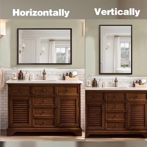 Walnut Wood Bathroom Mirrors for Wall Mounted, 48" x 30" Rectangle Rustic Wood Framed Wall Mirror, Decorative Farmhouse Mirror for Bathroom, Bedroom, Entryway, Horizontally/Vertically - color: Walnut, size: 48"L x 30"W