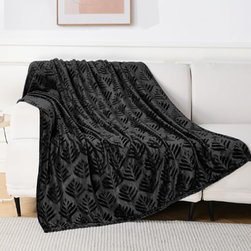 Exclusivo Mezcla Fleece Throw Blanket for Couch, Super Soft and Cozy Blankets All Season Use, Leaves Pattern, Plush Fuzzy Lightweight, Black, 50x60 Inch - color: Black, size: Throw(50"x60")