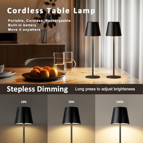 Kakanuo Cordless Table Lamp, 3 Color Stepless Dimming, 5000mAh Rechargeable Battery Powered, Outdoor LED Lamps, for Dining Room, Living Room, Bedroom, Bar, Cafe, Restaurant, Patio, Camping - Black - color: Black - Triangle Shade, size: 2 Pack 14in - Down