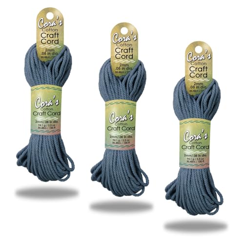 Cora's Cotton Macrame Cord | 2mm x 100ft 3-Pack | Braided Cotton Cord for Macrame | Macrame, DIY Crafts, Plant Hangers, Wall Hanging, Crochet | Durable, Long Lasting, Vibrant (Wedgewood) - color: Wedgewood