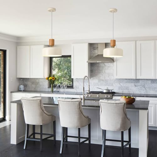 Modern Pendant Lighting,12 inch,Natural Wood and Brass Accent,Adjustable Pendant Light Fixtures for Kitchen Island,Dining Room,Soft Cream - color: Soft Cream