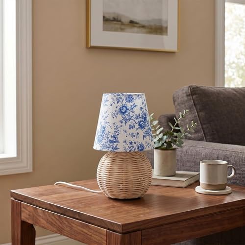 Vintage Small Wicker Lamp, Rattan Body Fabric Lampshade, Adjustable Light Color and Brightness, Power-Off Memory, Safe USB Powered, Boho Style Night Light for Bedroom Living Room (Blue Flowers) - color: Blue Flowers