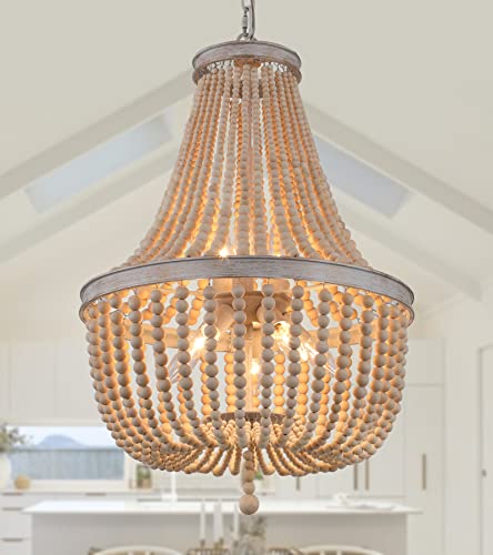 Q&S Farmhouse Wood Beaded Chandelier,Oak White 8-Lights Retro Vintage Antique Rustic Boho Pendant Light Fixture for Foyer Living Room Bedroom Kitchen Dining Room Office Nursery UL Listed - color: Original Wood