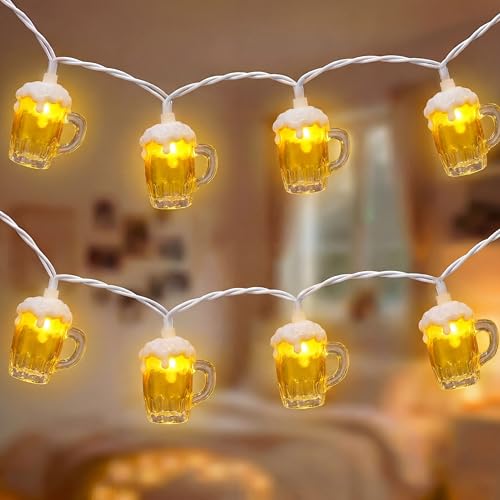 Beer String Lights Outdoor, 12.5FT Summer Decorative Camping String Lights with 10 3D Beer Mug Lights, Plug in Connectable Novelty Fairy Lights for Tropical Themed Wedding Bistro Bar Party Decor - color: Beer Mug Lights