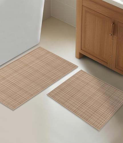 YIHOUSE Bathroom Rugs Sets 2 Pieces, Khaki Ultra Thin Bath Mats Fit Under Door, Absorbent Quickly Dry Rubber Backing Braided Bath Mat Set, Non Slip Washable Bath Rugs for Bathroom Floor, Khaki - color: Khaki Multi, size: 2pieces