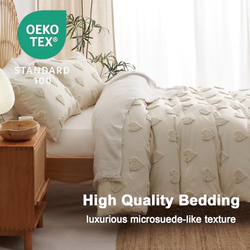 Boho Tufted Comforter Set Queen Size Beige Heart Textured Bedding Set 3 Pieces Farmhouse Shabby Chic Embroidery Bed Set Soft Jacquard Comforter for All Season with 2 Pillowcases - color: Beige Heart, size: Queen (90"x90")