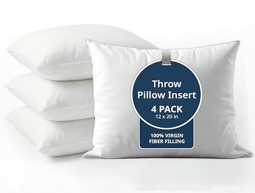 LANE LINEN 12x20 Pillow Insert - Set of 4 White Decorative Pillow for Sofa Bed, Fluffy Pillow Inserts for Throw Pillow Covers, Throw Pillows for Bed, Couch Pillows for Living Room, Bed Pillows - size: 12" x 20"