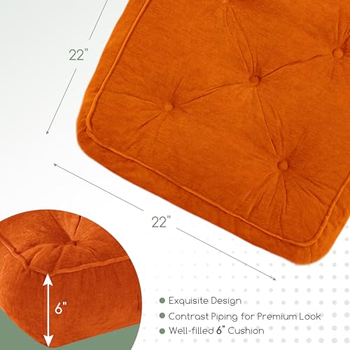 HIGOGOGO 6" Extra Thick Floor Pillow Cushion for Adults, Meditation Cushion Pillow with Handle, Lustrous Chenille Tufted, Square Floor Sitting for Tatami Living Room or Yoga, 22x22 Inch, Orange - color: Square Orange, size: 6" Thick(Pack of 1)