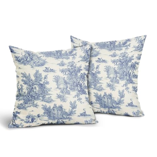 Blue Toile Pillow Covers 24x24 Inch Set of 2 Navy Blue and Beige French Country Cotton Linen Decorative Throw Pillow Case Cottage Vintage Cushion Cover for Bedroom Sofa Living Room Chair Home Decor - color: French Country Blue, size: 24" x 24" (Pack of 2)