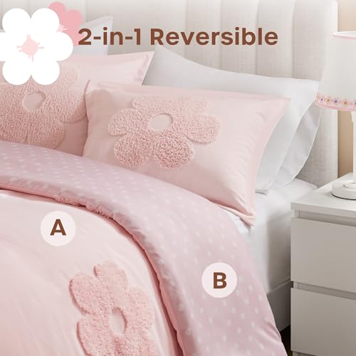 Intelligent Design Kids Queen Duvet Cover Set for Girls, Tufted Chenille Floral Duvet Set Queen, Lightweight Polka Dot Duvet Reversible Bedding Cover, Sham, Pillow, Gracie, Full/Queen Pink 3 Piece - color: Pink, size: Full/ Queen