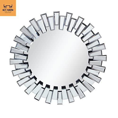 BST FURNH Round Mirror Wall Decor 24 Inches Decorative Wall Mirror with Irregular Framed and Beveled Edge Mirrors for Wall Silver Large Wall Mirror Frameless Mirrors - color: 3d Mirror