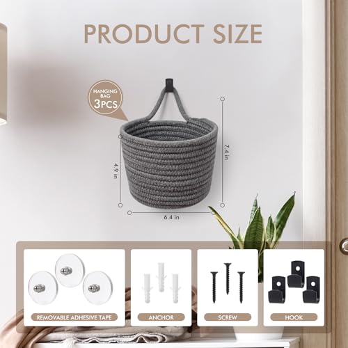 Fabric Wall Hanging Baskets - 3Pack Woven Pouchs Boho Style Wall Mounted Bag with Adhesive Hooks, Storage Organizers and Decoration Pocket Caddy Bins on Door Rack (Dark Gray & Black, Large) - color: Dark Gray & Black