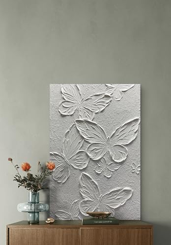 Boiee Art,24x36Inch Hand-Painted Textured Butterfly Vertical Wall Art Abstract Pure White Oil Paintings Modern Contemporary Wall Art Framed Ready to Hang for Home Decorations - color: Pure White, size: 24"L x 36"W