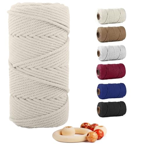 Macrame Cotton Cord 6mm x 109yds, ZUEXT Natural Handmade Beige White Braided Cords 4 Strands Knitted Rope String for Craft Wall Hanging Weaving Tapestry Dream Catchers Hanger DIY Gift (100m) - color: Beige White, style: 6mm x 100m