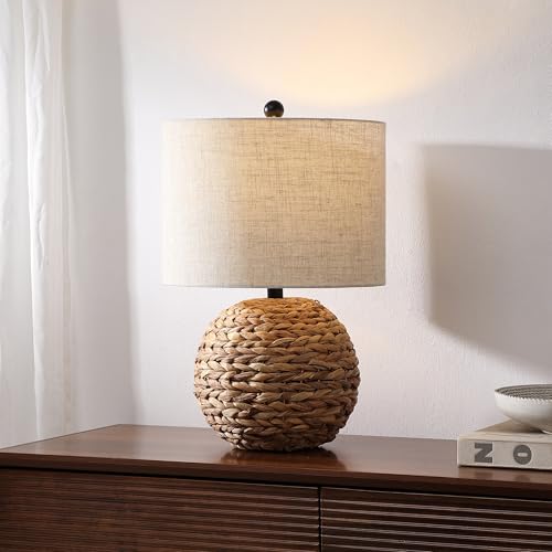 JONATHAN Y 21.5" Brown Modern Coastal Woven Rattan Globe LED Table Lamp for Bedroom, Oatmeal Linen Drum Shade, LED Bulb Included, Rustic Bedside Lamp for Living Room JYL6514A - color: Brown