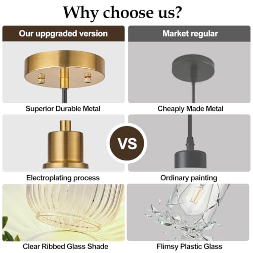 2 Pack Pendant Lights with Vintage Clear Ribbed Glass Lampshade, Adjustable Brushed Gold Pendant Lights Fixtures for Kitchen Island Lighting Sink, Dining & Living Room Hallway (Bulbs Not Included) - color: 2 Pack Brushed Gold + Clear Glass