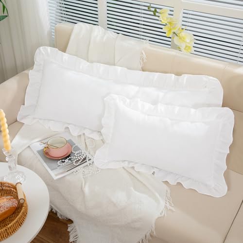 White Ruffle Lumbar Pillow Cover 12x20 Inch, Ruffled Cushion Case Covers for Couch Sofa Bed Living Room, Decorative Farmhouse Throw Pillow Cover, Pack of 1 - color: White, size: 20" x 12" (Pack of 1)