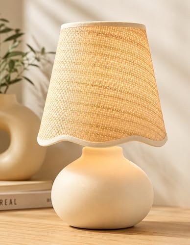 11" Small Mini Boho Table Lamp – Handmade Ceramic Cream Base with Scallop Woven Rattan Shade, Dimmable Plug-In Accent Light for Bedroom, Nightstand, Small Spaces, Kitchen Counter, Bookshelf - color: Airy Scallop Rattan Shade