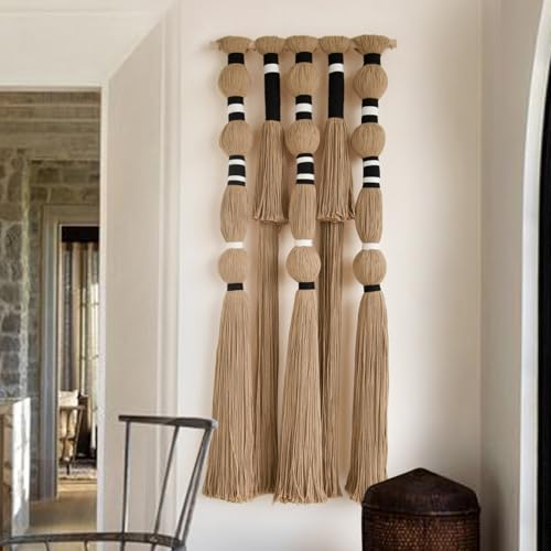 Flber Macrame Wall Hanging Khaki Black Geometric Yarn Wall Art Cotton Tassel Textile Wall Decor for Bedroom Living Room 15.7" W x 39" L - color: Khaki Black