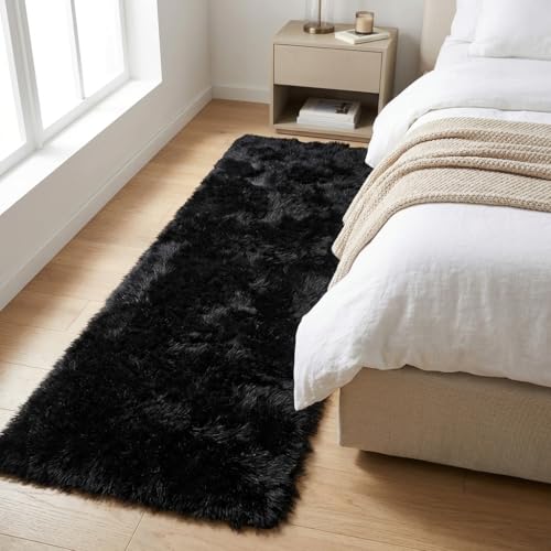 Mugorn Black Rugs for Bedroom, 2x3 Feet Fluffy Area Rugs for Living Room, Soft Shag Kids Rug Small Carpet for Nursery, Bedside, Indoor, Dorm Decor (2ft x 3ft, Black) - color: Black, size: 2ft X 3ft