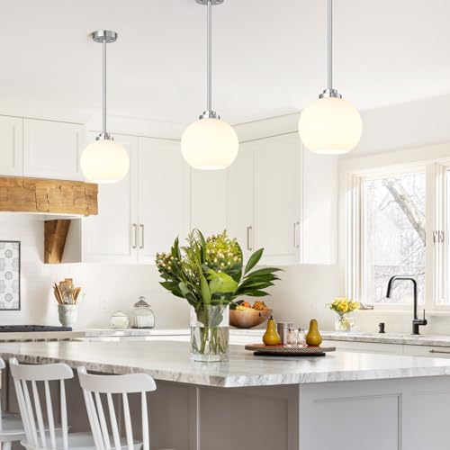 MQMQA 2 Pack Globe Pendant Lights, Mid Century Brushed Nickel Pendant Light Fixtures, Globe Pendant Lights Kitchen Island with Milk Glass Shade Hanging Fixture for Dining Room (Bulbs not Included) - color: Brushed Nickel + Milky White Glass 2 Pack