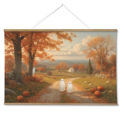 ARPEOTCY Extra Large Vintage Framed Wall Art, 36x54 Inch Halloween Wall Art Canvas, Vintage Autumn Landscape with Cute Ghosts and Pumpkins, Large Farmhouse Fall Wall Decor for Living Room Fireplace Entryway - color: Autumn Ghosts
