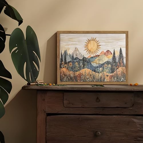 Framed Boho Sun Canvas Wall Art, Modern Abstract Mountain Landscape Painting, Southwestern Sun Poster Picture Print, Boho Floral Aesthetic Wall Decor for Bedroom Home Office 12x16 inch - color: Mountain Scenery, size: 16"L x 12"W