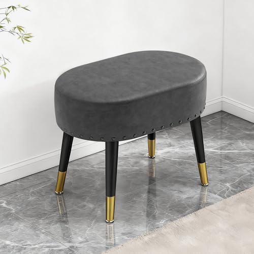 LITZFUR Vanity Stool Chair for Makeup, Pu Leather Oval Footrest, Vintage Rivet Ottoman Bench with Metal Legs, Dressing Stool for Batheroom, Living Room, Entryway, Grey - color: Grey